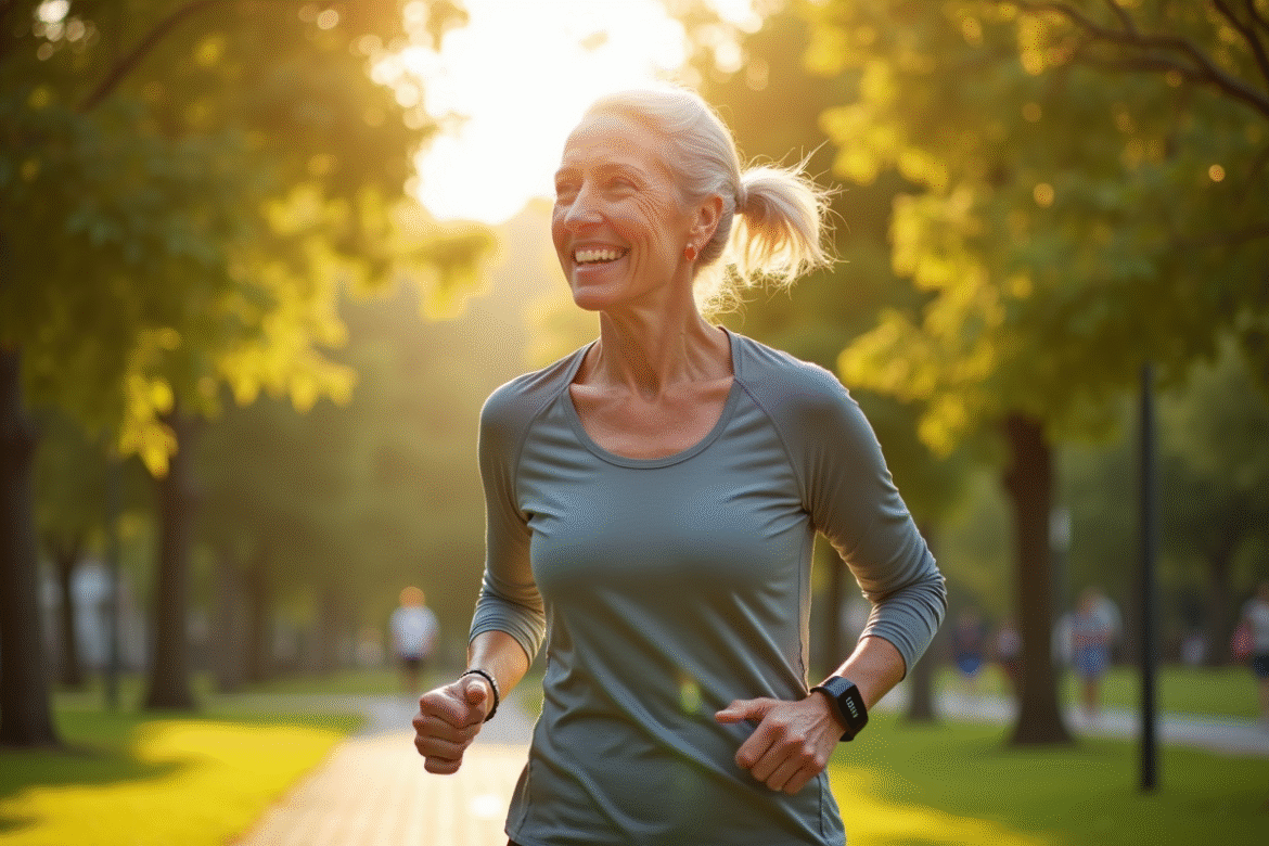 Femme souriante marchant dans un parc vert ensoleille