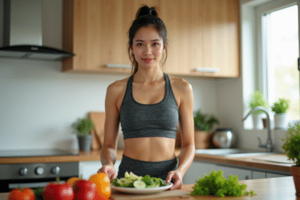 Femme sportive préparant une salade dans une cuisine lumineuse