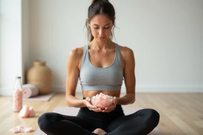 Femme sportive tenant un bol de sel rose de l'Himalaya après une séance de yoga dans un studio minimaliste