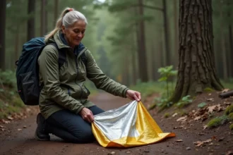 Femme en vêtements de randonnée manipulant une couverture d'urgence