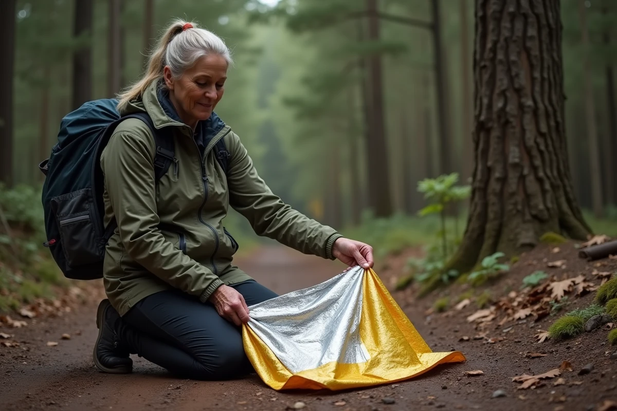 Femme en vêtements de randonnée manipulant une couverture d'urgence