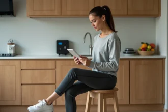 Femme assise en cuisine moderne avec tablette numérique