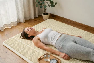Femme allongée sur un tapis d'acupression Champ des Fleurs dans un salon minimaliste, yeux fermés, posture détendue