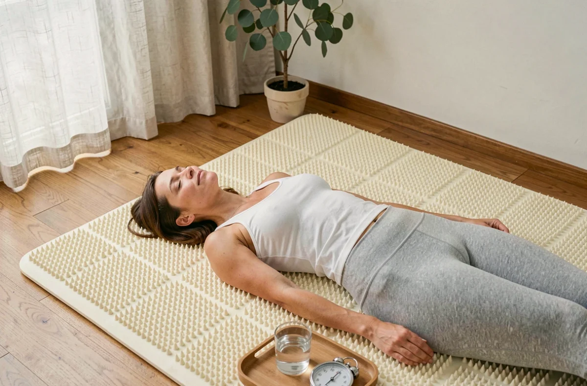 Femme allongée sur un tapis d'acupression Champ des Fleurs dans un salon minimaliste, yeux fermés, posture détendue