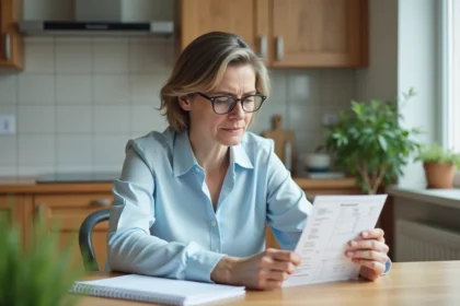 Femme tenant un résultat de test dans une cuisine chaleureuse