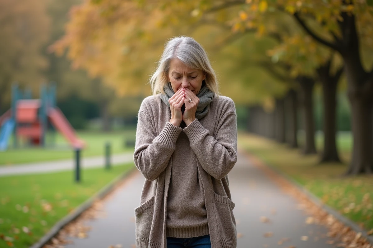 Femme toussant dans un parc en promenade