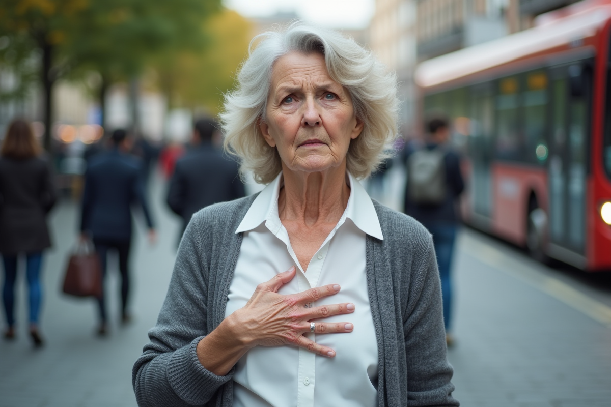 Femme âgée au arrêt de bus dans un environnement urbain