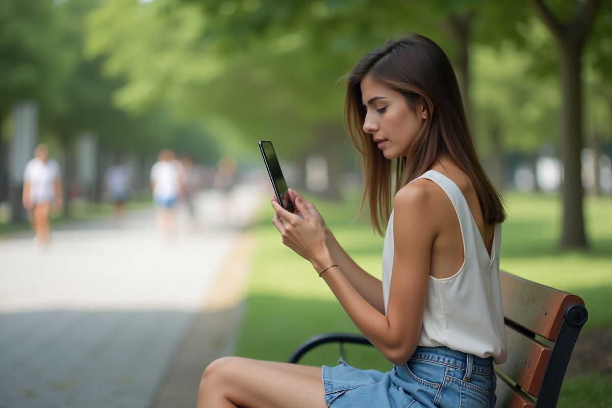 Jeune femme vérifiant une tache sur son épaule dans un parc