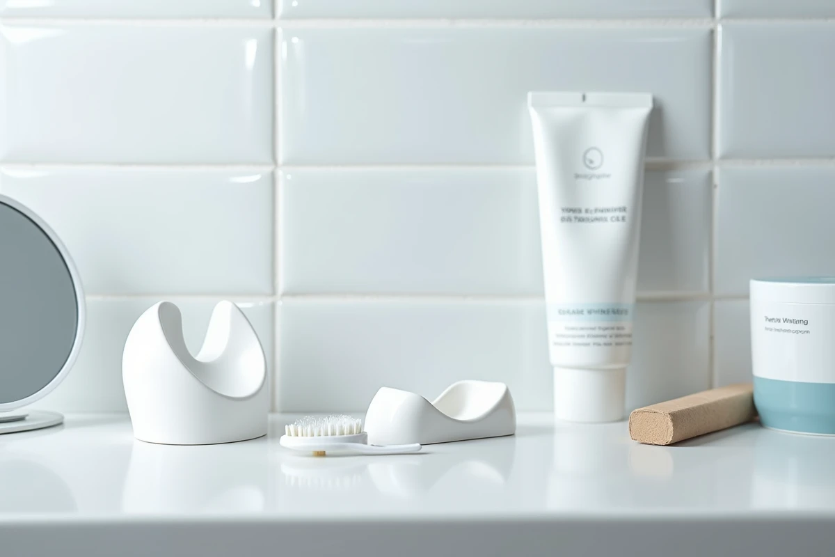 Vue de dessus comparatif entre le kit The Smilist et un produit blanchissant vendu en pharmacie sur une étagère de salle de bain