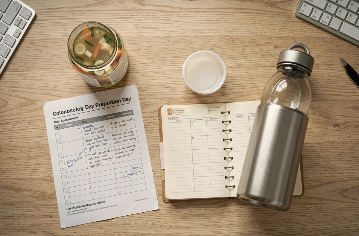 Vue aérienne d'un bureau avec repas légers et planning organisé pour une préparation à la coloscopie en journée de travail