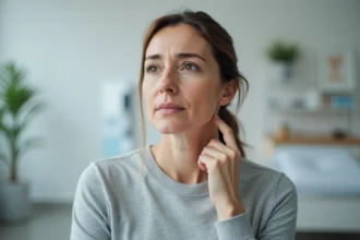 Femme touchant un ganglion du côté gauche du cou lors d'une consultation médicale
