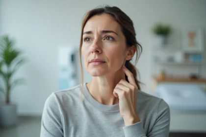 Femme touchant un ganglion du côté gauche du cou lors d'une consultation médicale