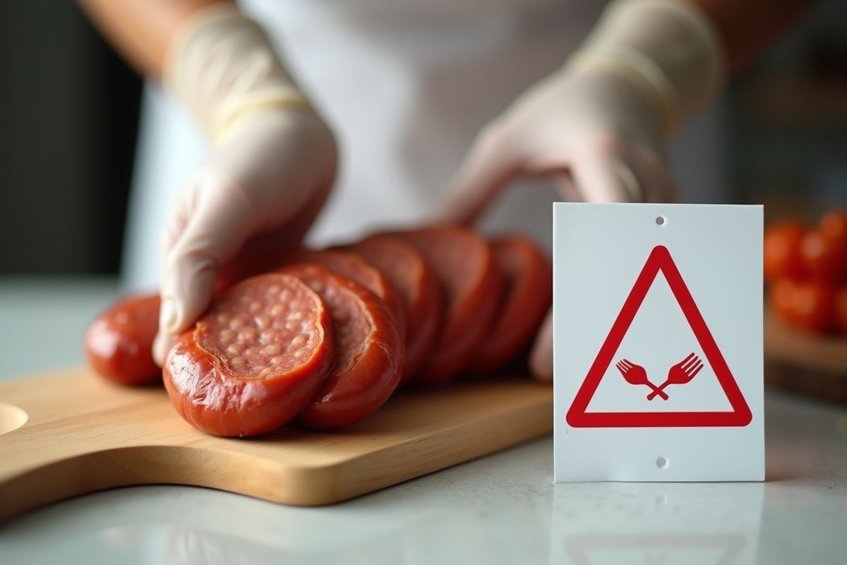 Mains en gants retirant du chorizo avec un panneau d avertissement