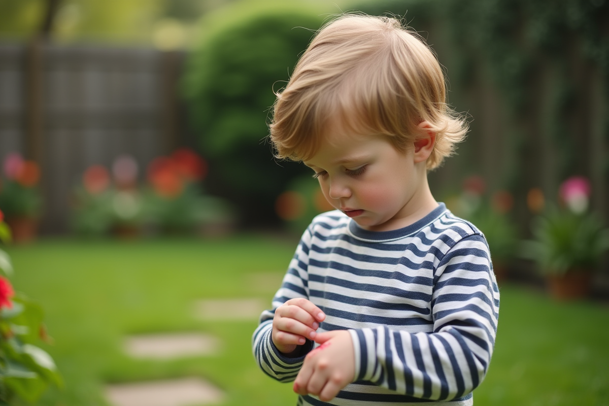 Jeune garçon observant des taches rouges sur sa main