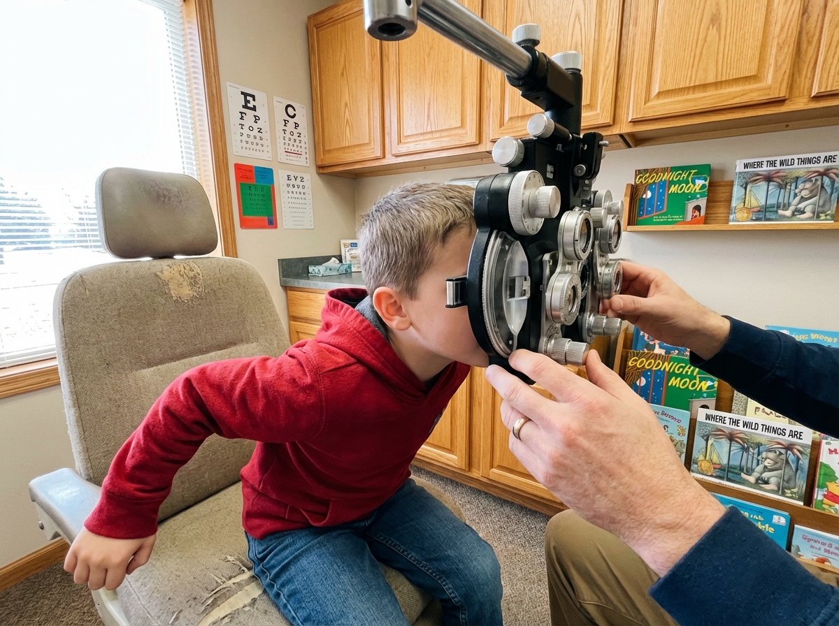 Jeune garçon regardant à travers un phoroptère lors d