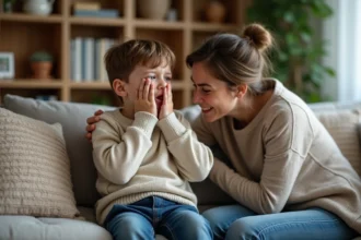 Jeune garçon malade assis sur un canapé avec sa mère