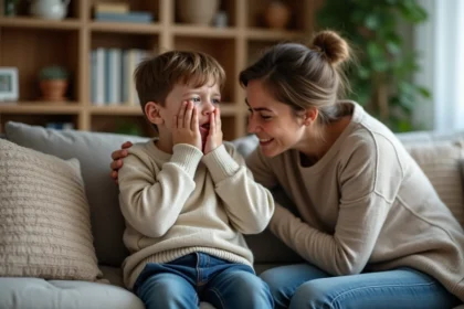 Jeune garçon malade assis sur un canapé avec sa mère
