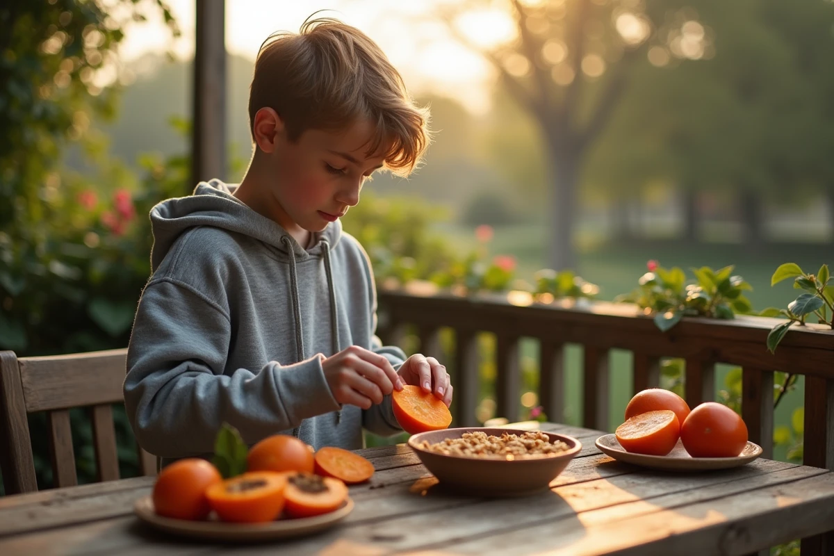 Jeune garçon préparant des persimmons sur un balcon au matin