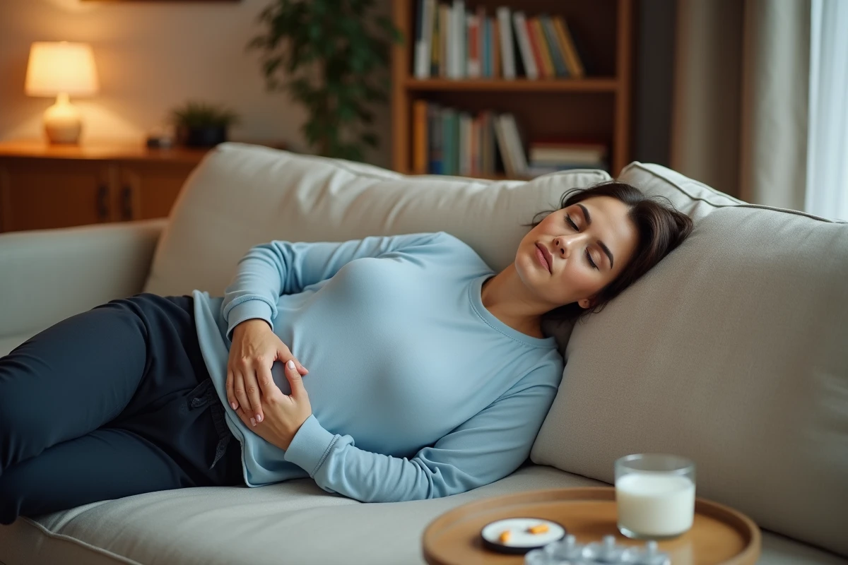 Femme se reposant sur un canapé en gérant les symptômes d'un polype utérin au quotidien, avec organisateur de médicaments visible en arrière-plan