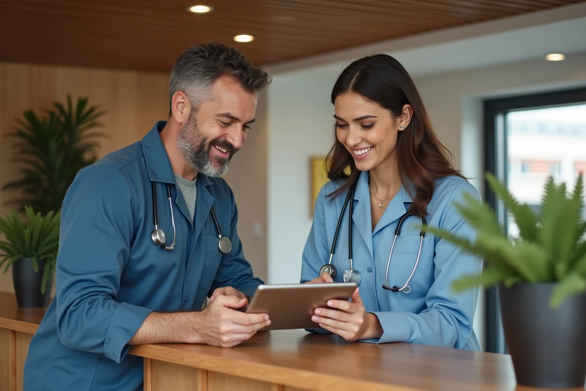 Manager vétérinaire montre logiciel sur tablette à collègue