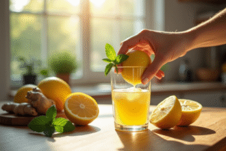 Main pressant du gingembre et citron dans une eau infusée