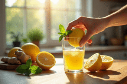 Main pressant du gingembre et citron dans une eau infusée