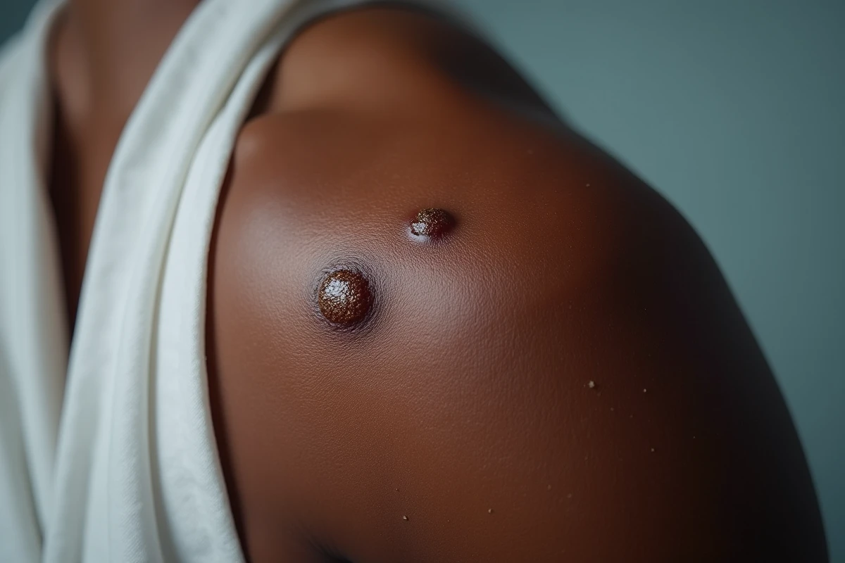 Gros plan sur deux verrues séborrhéiques pigmentées sur une épaule à peau noire, rendu macro réaliste