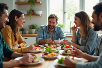 Groupe diversifié autour d un repas santé pour un article sur les diets
