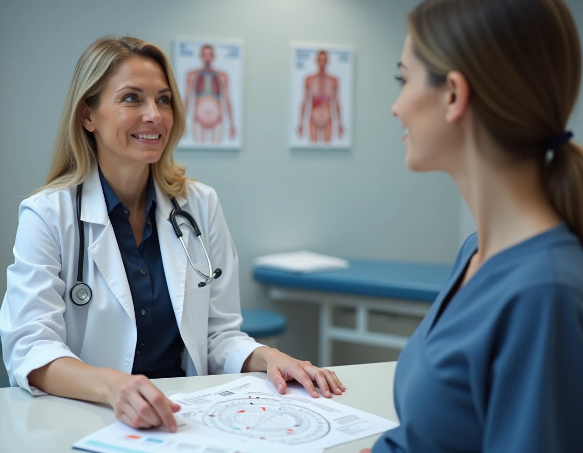 Gynécologue expliquant le calcul du terme de grossesse avec un disque gestationnel lors d'une consultation médicale