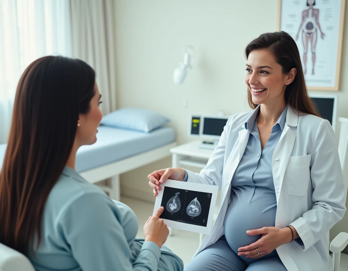 Médecin gynécologue expliquant la date prévue d'accouchement à une patiente enceinte