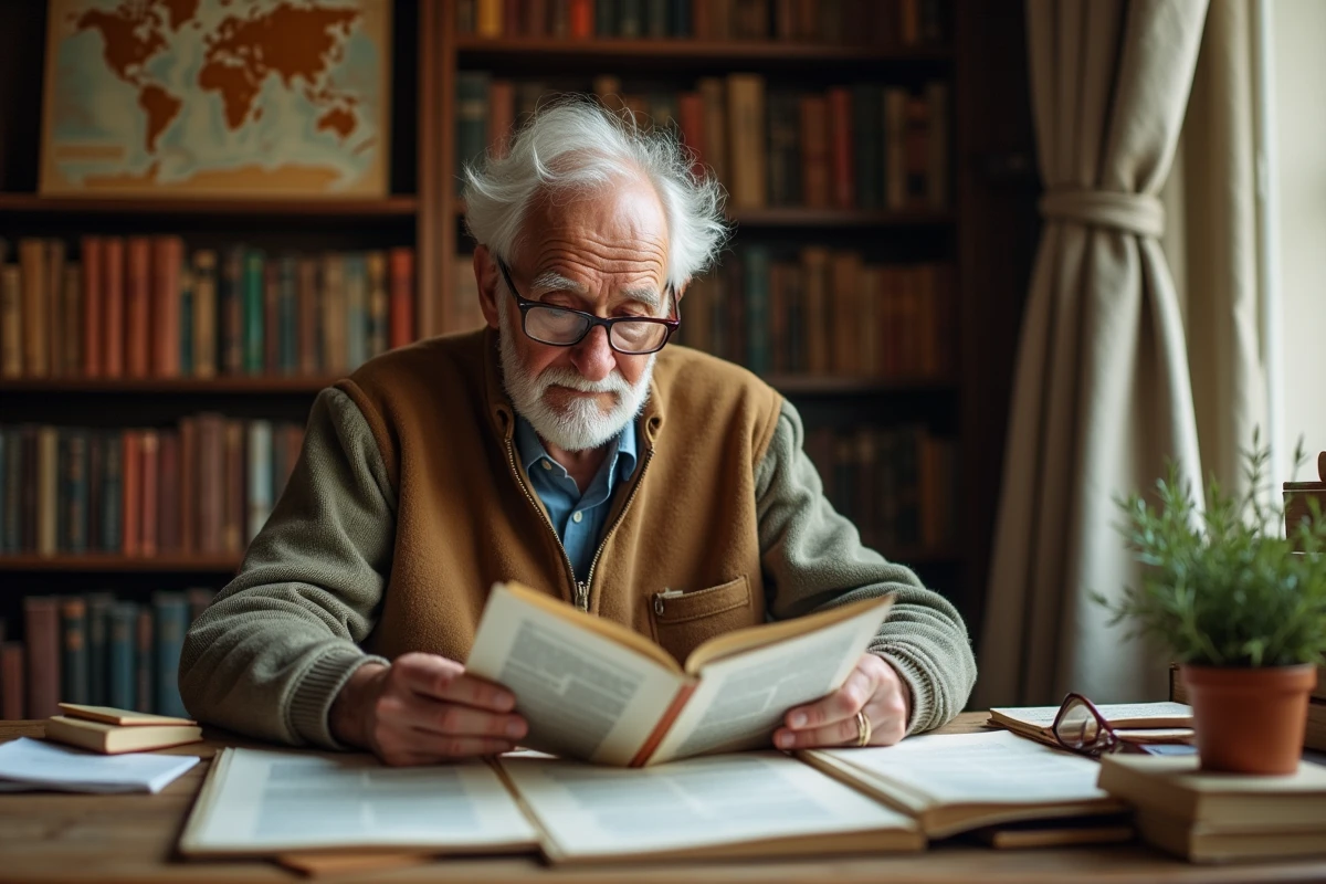 Homme âgé lisant des études scientifiques sur le romarin et la mémoire à son bureau avec une plante de romarin en pot