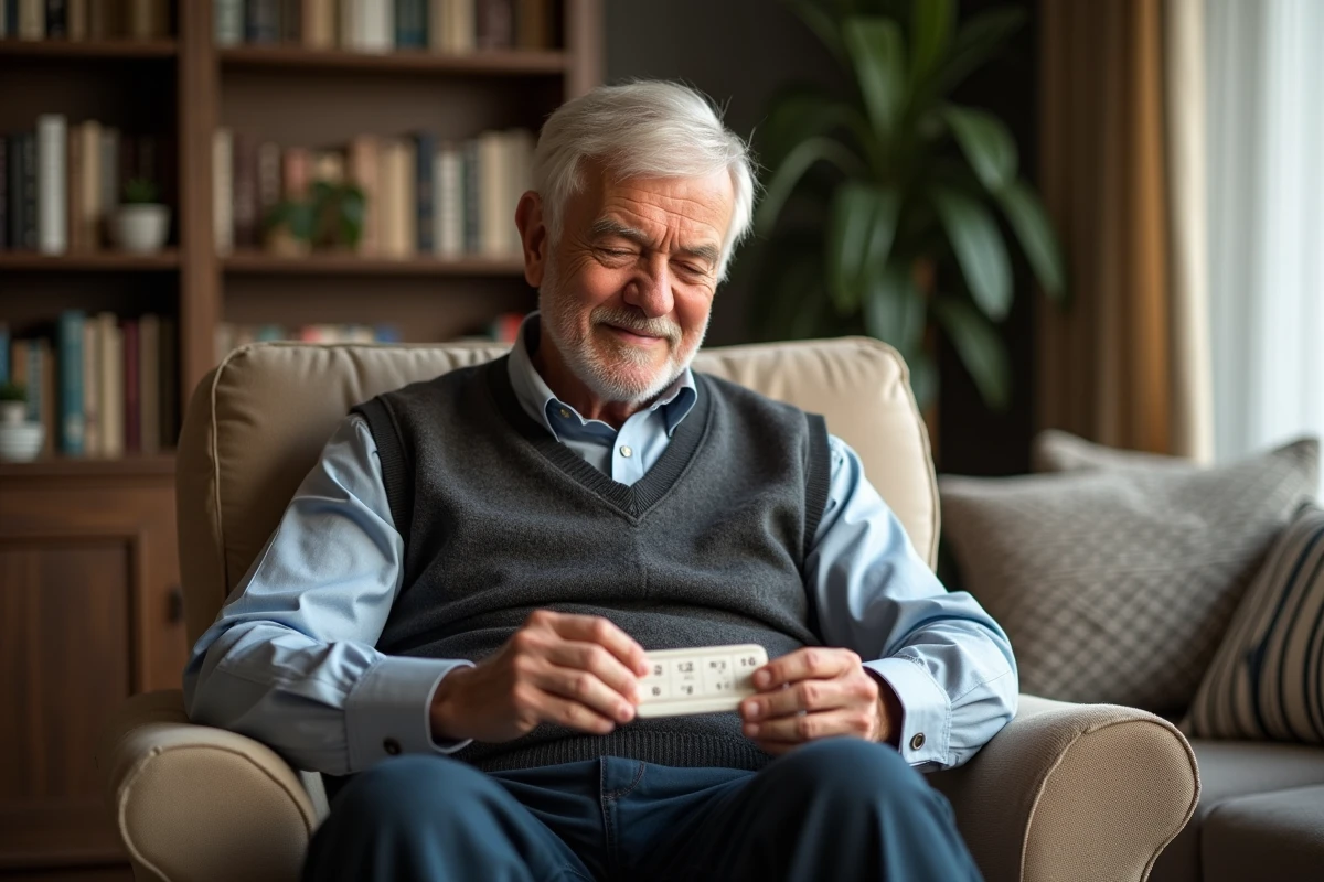 Homme âgé souriant regardant un organisateur de pilules dans le salon