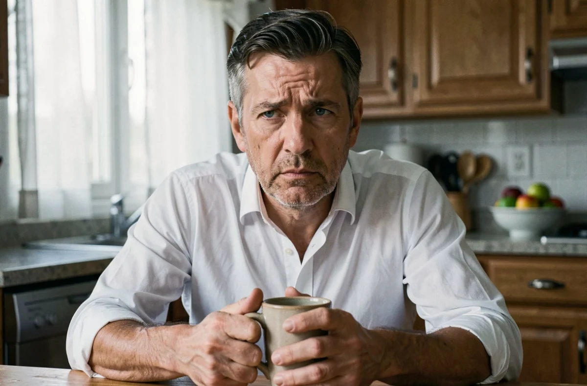 Homme d'une cinquantaine d'années assis à une table de cuisine tenant une tasse, regard perdu dans le vide, symbolisant l'angoisse de la récidive du cancer