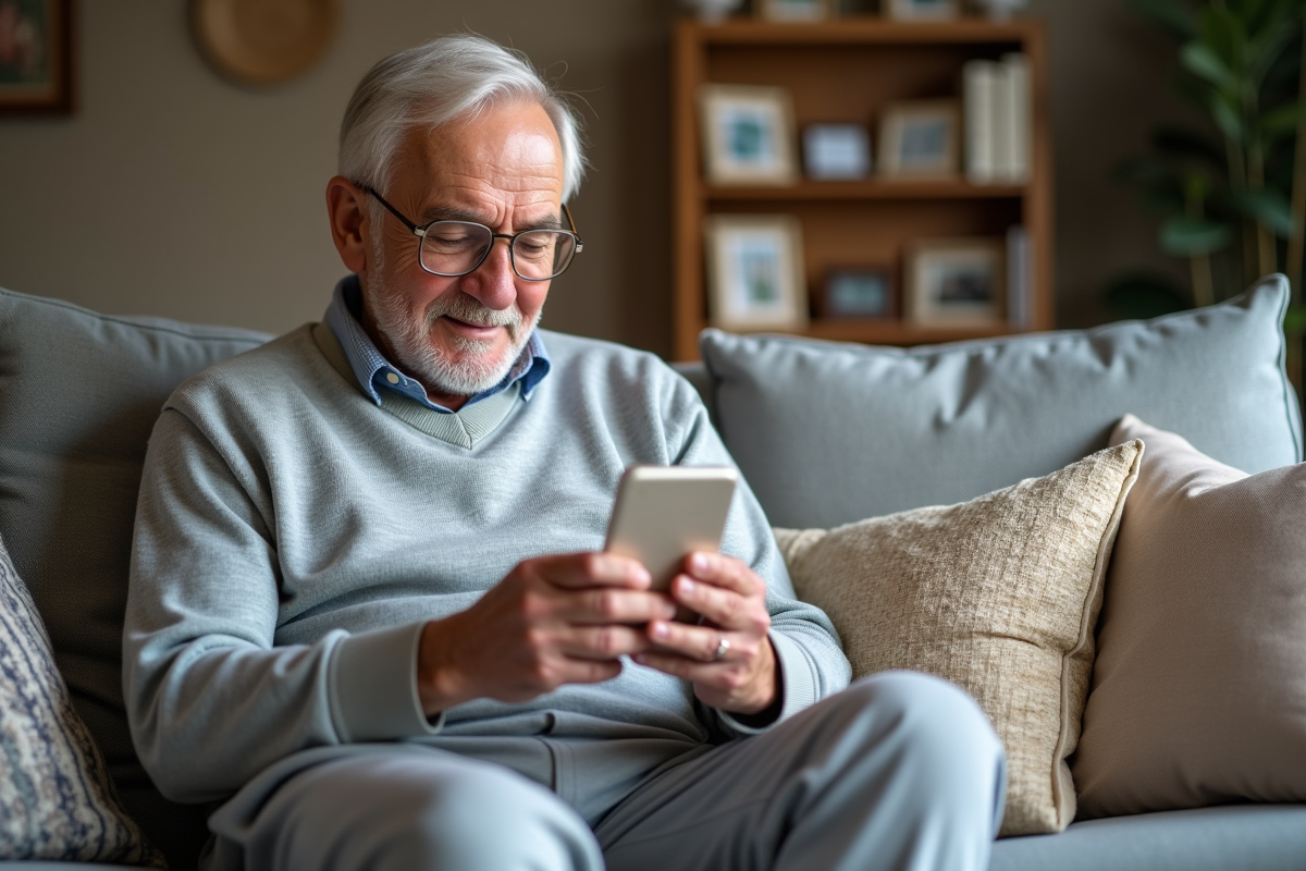 Homme âgé utilisant une application médicale sur smartphone