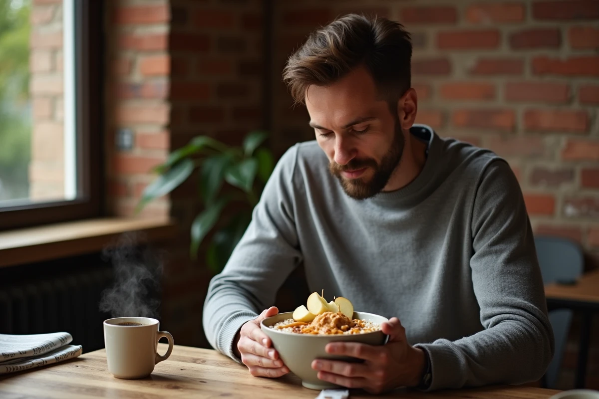 Homme dégustant un bol de flocons d'avoine garni de beurre de cacahuète et de pomme dans un appartement cosy au décor en brique, lors d'un petit-déjeuner matinal