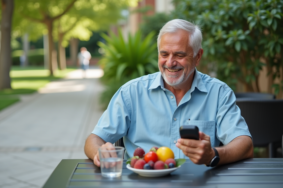 Homme âgé dégustant un fruit au café en plein air