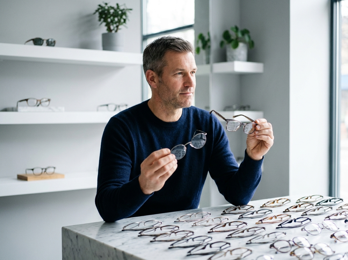 Homme comparant des montures rondes et rectangulaires sur un comptoir en marbre chez un opticien