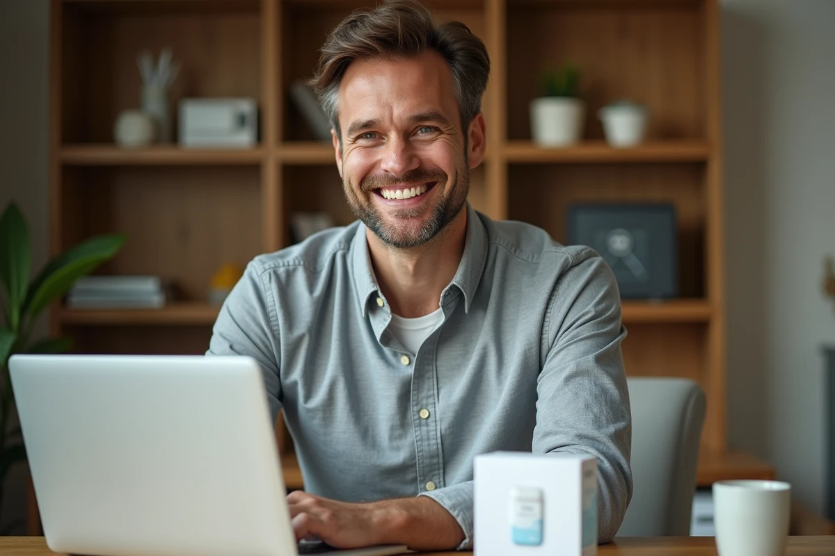 Homme souriant comparant le kit de blanchiment The Smilist et un kit de pharmacie posés sur un bureau à domicile