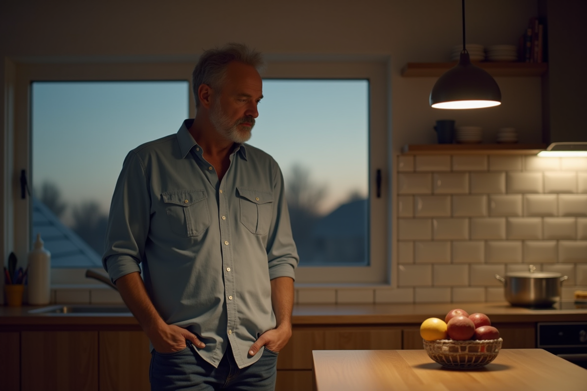 Homme regardant un bol de fruits à la maison