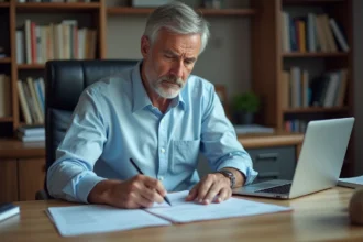 Homme d'âge mûr consultant des documents médicaux et administratifs pour une demande de rente invalidité liée à une discopathie