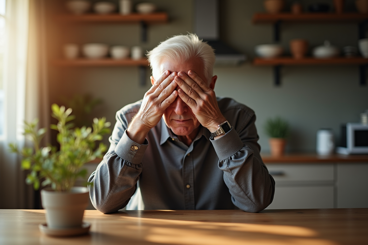 Homme senior se tenant la tête dans la cuisine