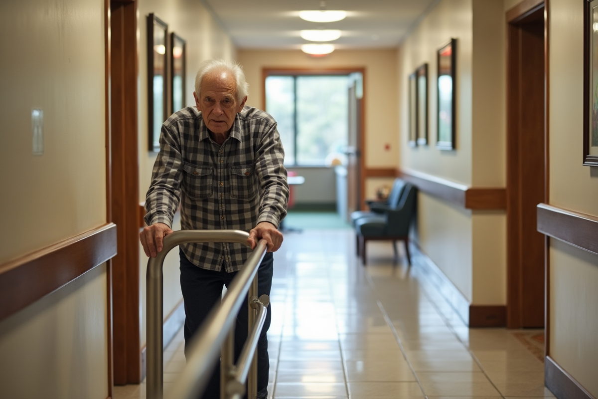 Homme âgé se tenant au rampe dans un couloir moderne