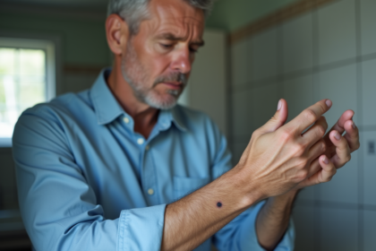 Homme d'âge moyen examinant une tache sur son bras