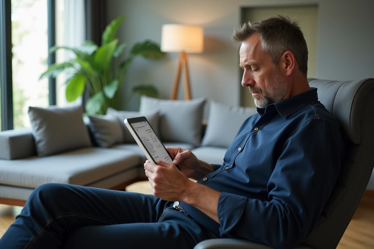 Homme lisant des témoignages sur un forum médical spécialisé en névralgie pudendale depuis sa tablette dans son salon