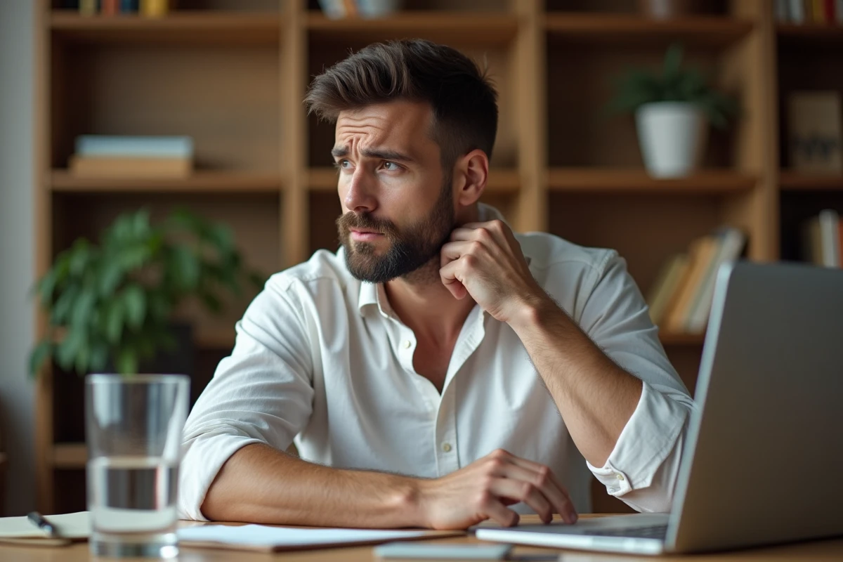 Homme inquiet palpant un ganglion du côté gauche du cou à son bureau à domicile