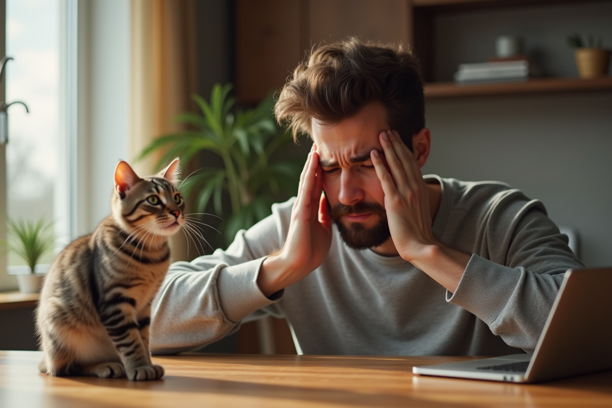 Homme se grattant les yeux avec un chat curieux à côté