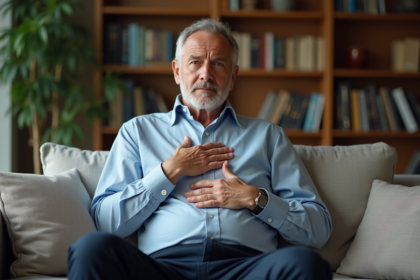 Homme d'âge moyen assis sur un canapé avec une expression anxieuse