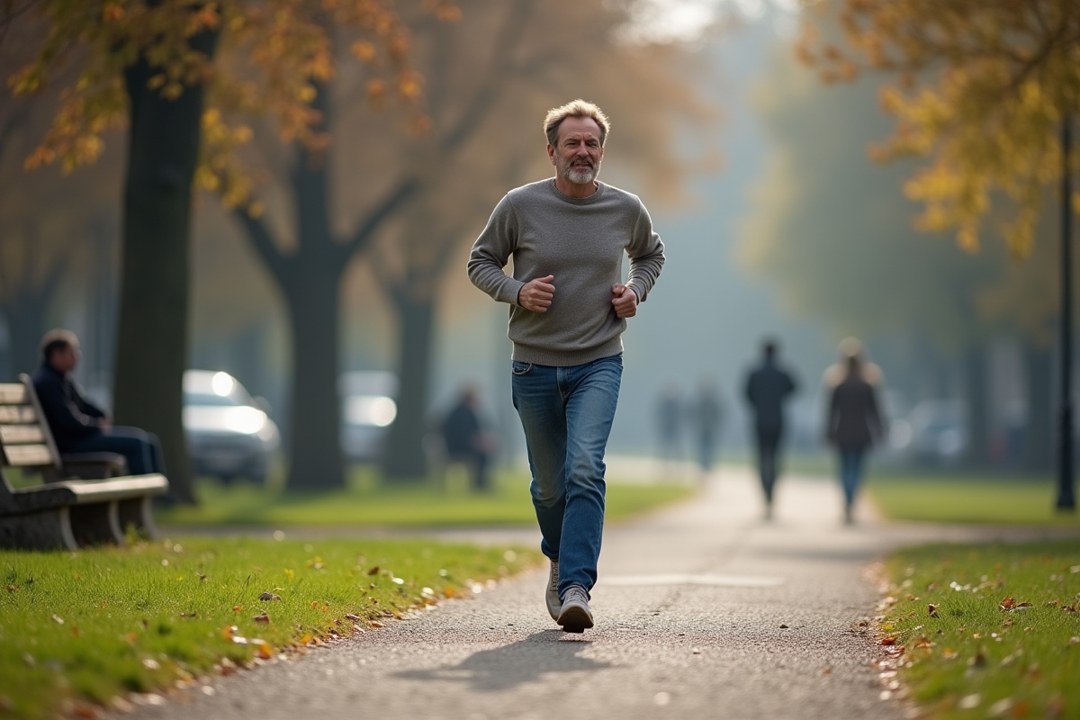 Homme courant dans un parc urbain au matin