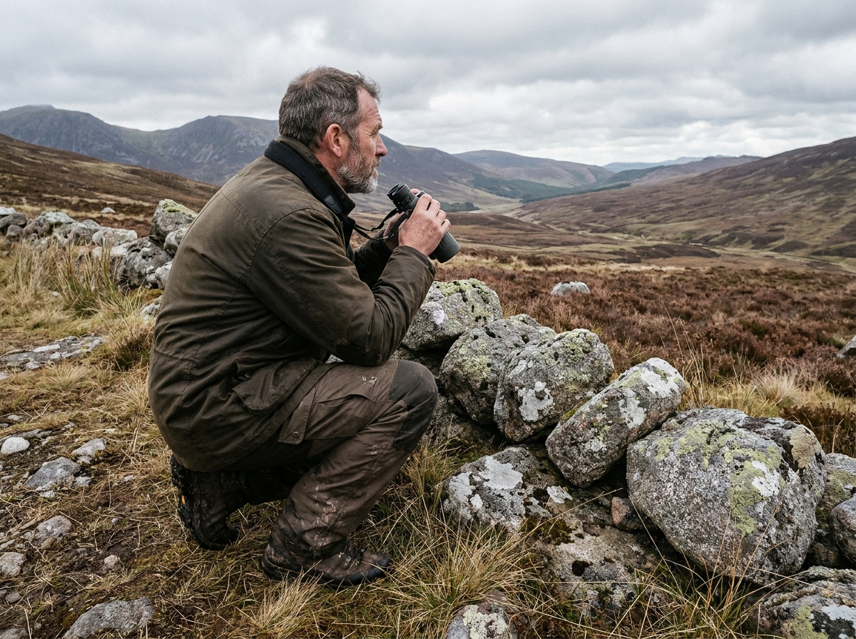 Homme avec jumelles de chasse observant la faune dans un paysage de montagne