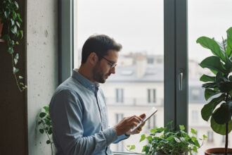 Homme détendu lisant une tablette dans un appartement moderne